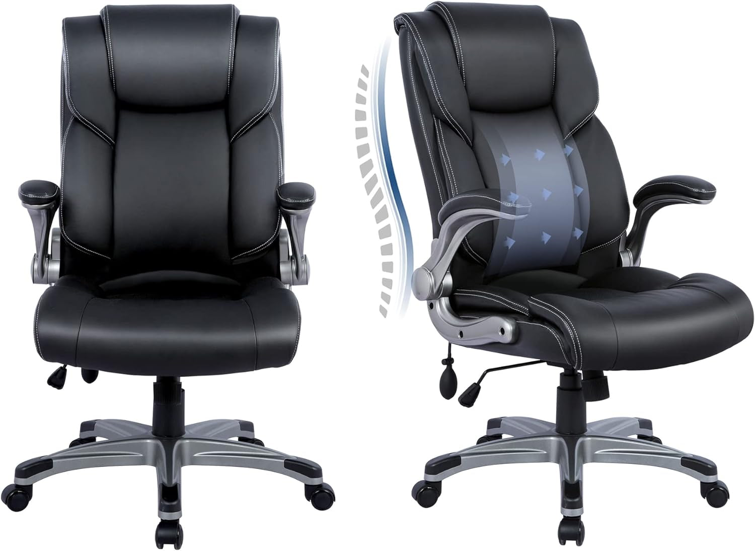 Black Leather Office Chairs, High Back, Flip-Up Arms, 2-Pack-1