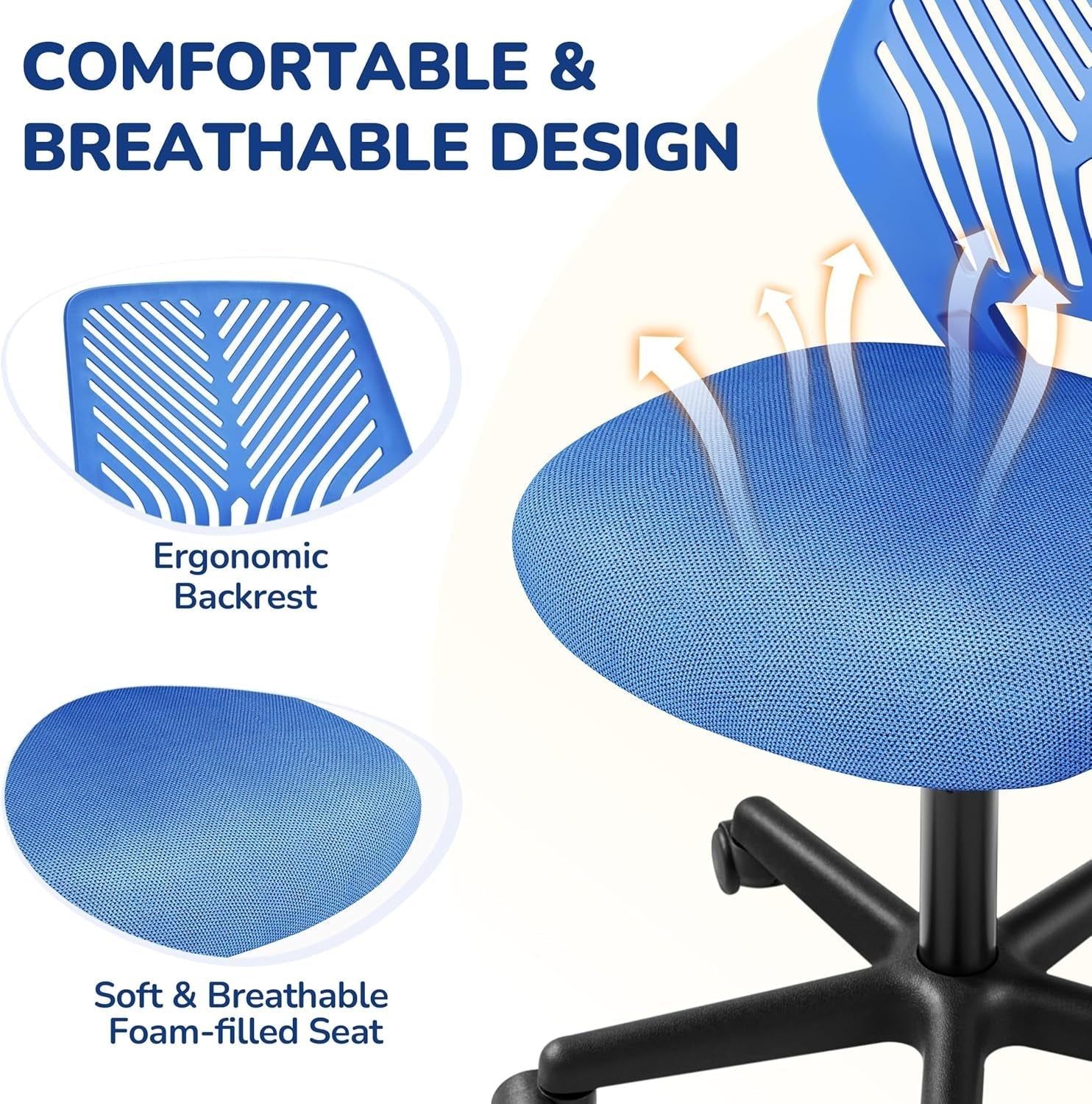 Students Desk Chair Low-Back Armless Study Chair Swivel Task Chair Cute Bedroom Chair with Lumbar Support Adjustable Height for Youth, Blue-4