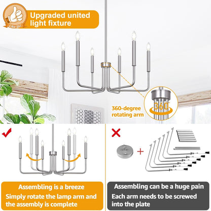 6-Light Farmhouse Chandelier for Dining Room Lighting Fixtures Hanging, Brushed Nickel Dining Light Fixtures Industrial Chandelier for Bedroom, Foyer, Hall, Kitchen, Living Room and Entryway-3