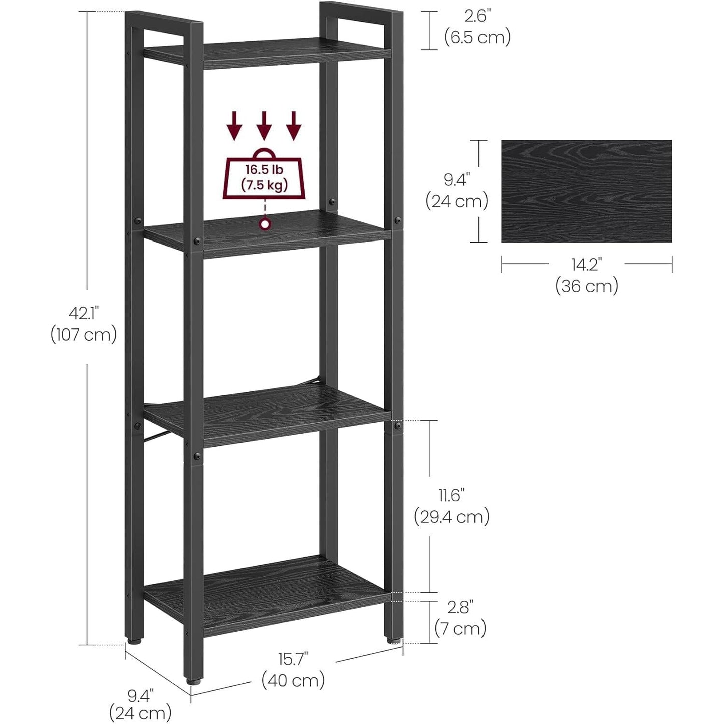 4-Tier Tall Bookshelf, Bookcase with Steel Frame, Book Shelf for Living Room, Home Office, Study, 9.4 X 15.7 X 42.1 Inches, Industrial Style, Ebony Black and Black ULLS099B56-4