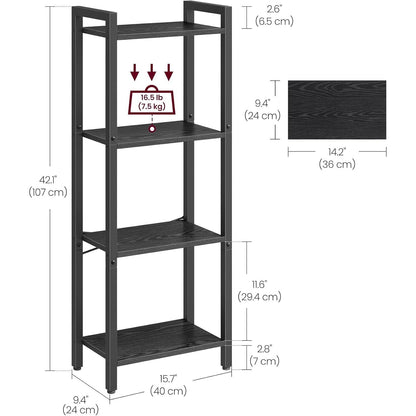 4-Tier Tall Bookshelf, Bookcase with Steel Frame, Book Shelf for Living Room, Home Office, Study, 9.4 X 15.7 X 42.1 Inches, Industrial Style, Ebony Black and Black ULLS099B56-4