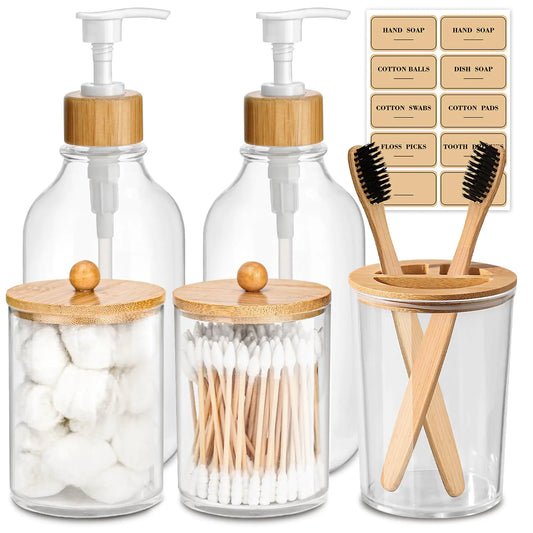 ALPIRIRAL Bamboo Bathroom Accessory Set 5 Pcs Boho Bathroom Accessories Sets Complete Clear Bath Soap Dispenser and Toothbrush Holder Set Bathroom Counter Decor Qtip Cotton Ball Cotton Pads Holder