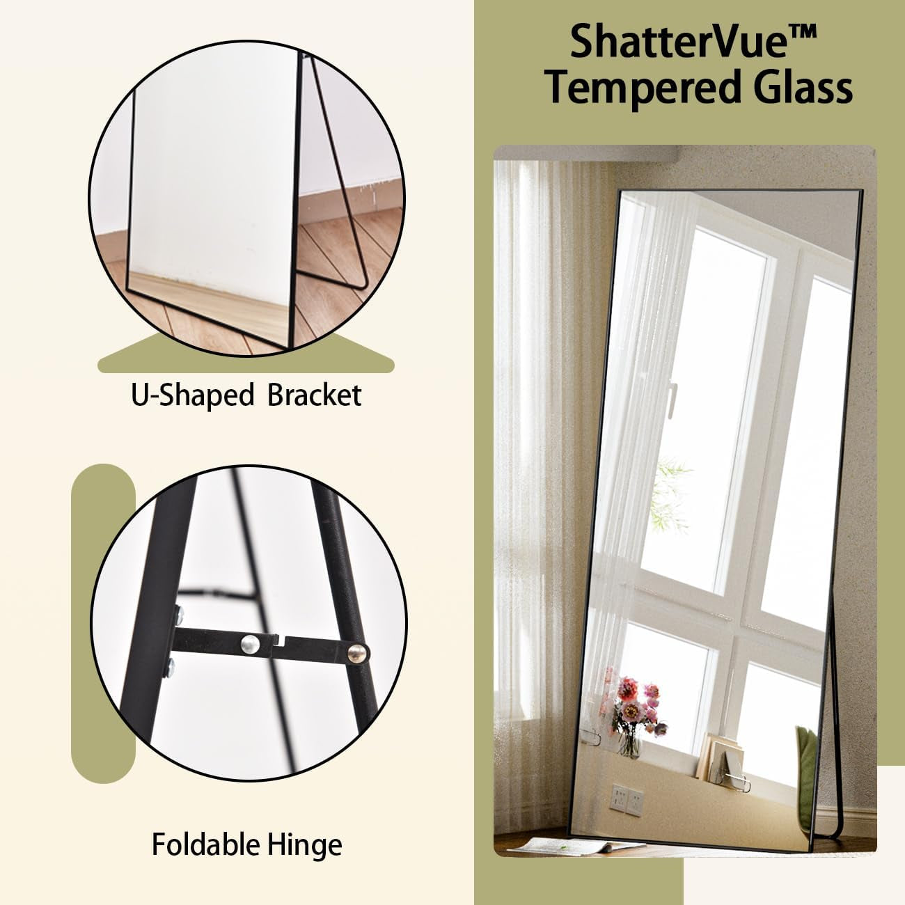 Full Length Mirror with Stand, 56"X21" Floor Mirror with Aluminum Alloy Thin Frame, Shattervue Tempered Full Body Mirrors, Free Standing or Wall-Mounted Mirrors for Living Room, Black-3