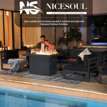 ® Modern Large Grey Aluminum Outdoor Patio Furniture Set with Fire Pit Table, 29'' Deep Wide Seating Conversation Sofa L Shaped Sectional Couch Set (6 Pieces, 5 Seats)-4