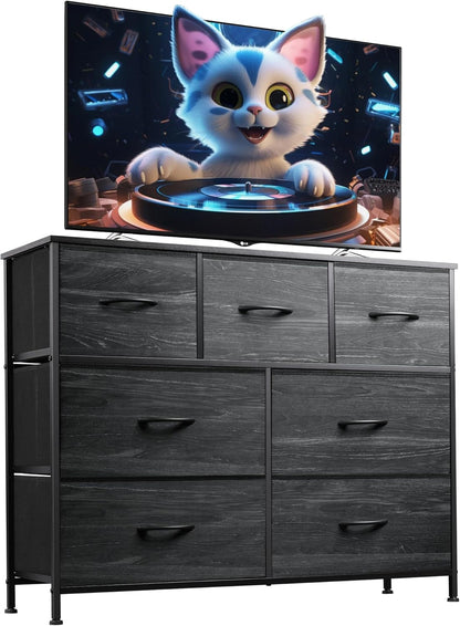 Dresser TV Stand, Entertainment Center with Fabric Drawers, Media Console Table with Metal Frame and Wood Top for TV up to 45 Inch, Chest of Drawers for Bedroom, Charcoal Black Wood Grain Print-0