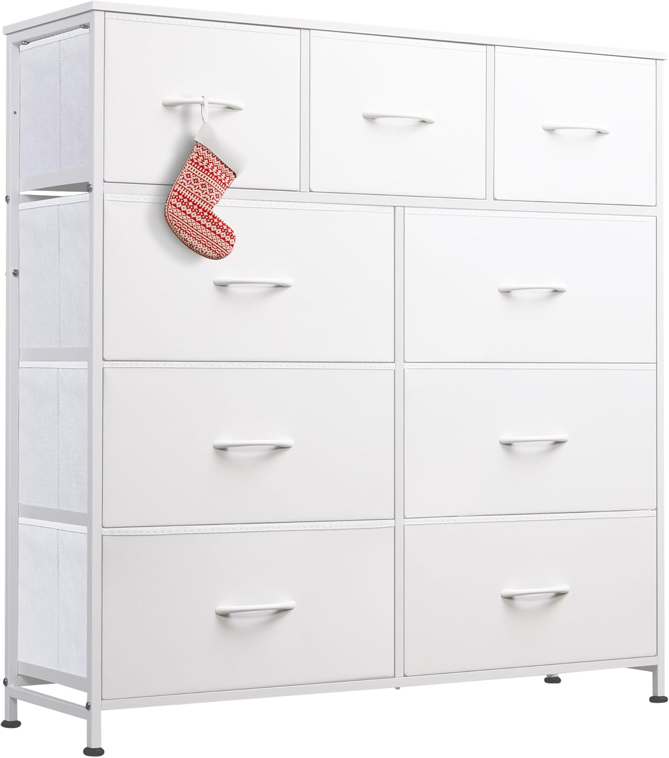 9-Drawer Dresser, Fabric Storage Tower for Bedroom, Hallway, Closet, Tall Chest Organizer Unit for Bedroom with Fabric Bins, Steel Frame, Wood Top, Easy Pull Handle, White-0