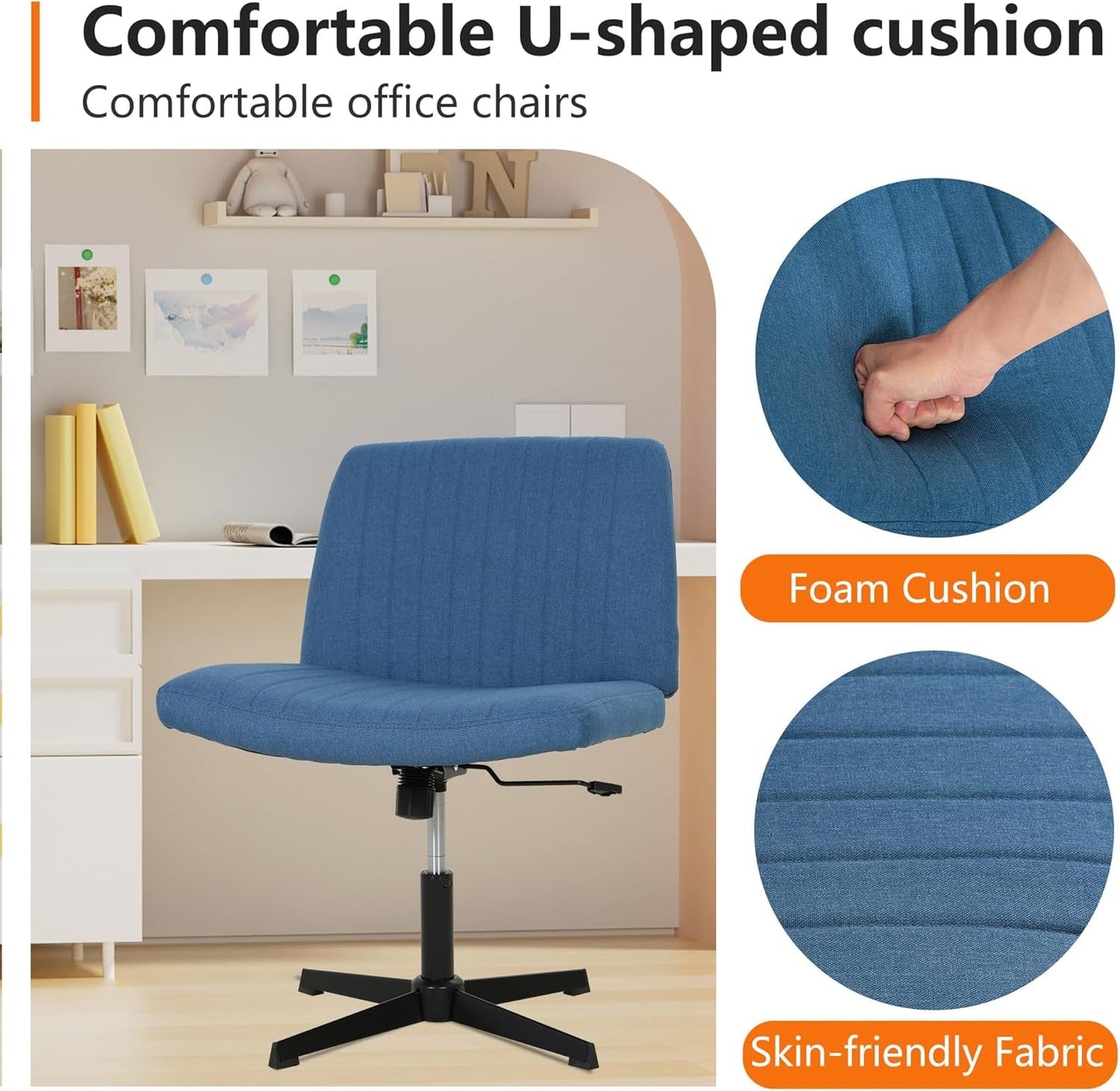 Criss Cross Chair Armless Cross Legged Office Desk Chair Adjustable Swivel Ergonomic Gaming Chair No Wheels Backrest with Wide Seat Native Sponge Computer Task Vanity Chair for Home Office,Blue-4