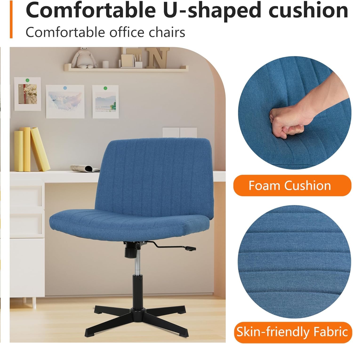 Criss Cross Chair Armless Cross Legged Office Desk Chair Adjustable Swivel Ergonomic Gaming Chair No Wheels Backrest with Wide Seat Native Sponge Computer Task Vanity Chair for Home Office,Blue-4