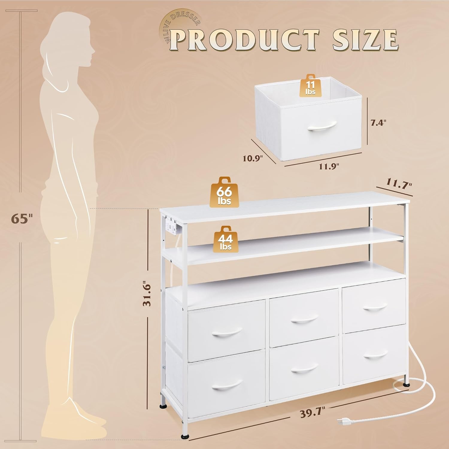 Led Dresser TV Stand for Bedroom, Entertainment Center with LED Lights and Power Outlet, 6 Drawer Dressers with Double Open Shelves, White TV Stands-2