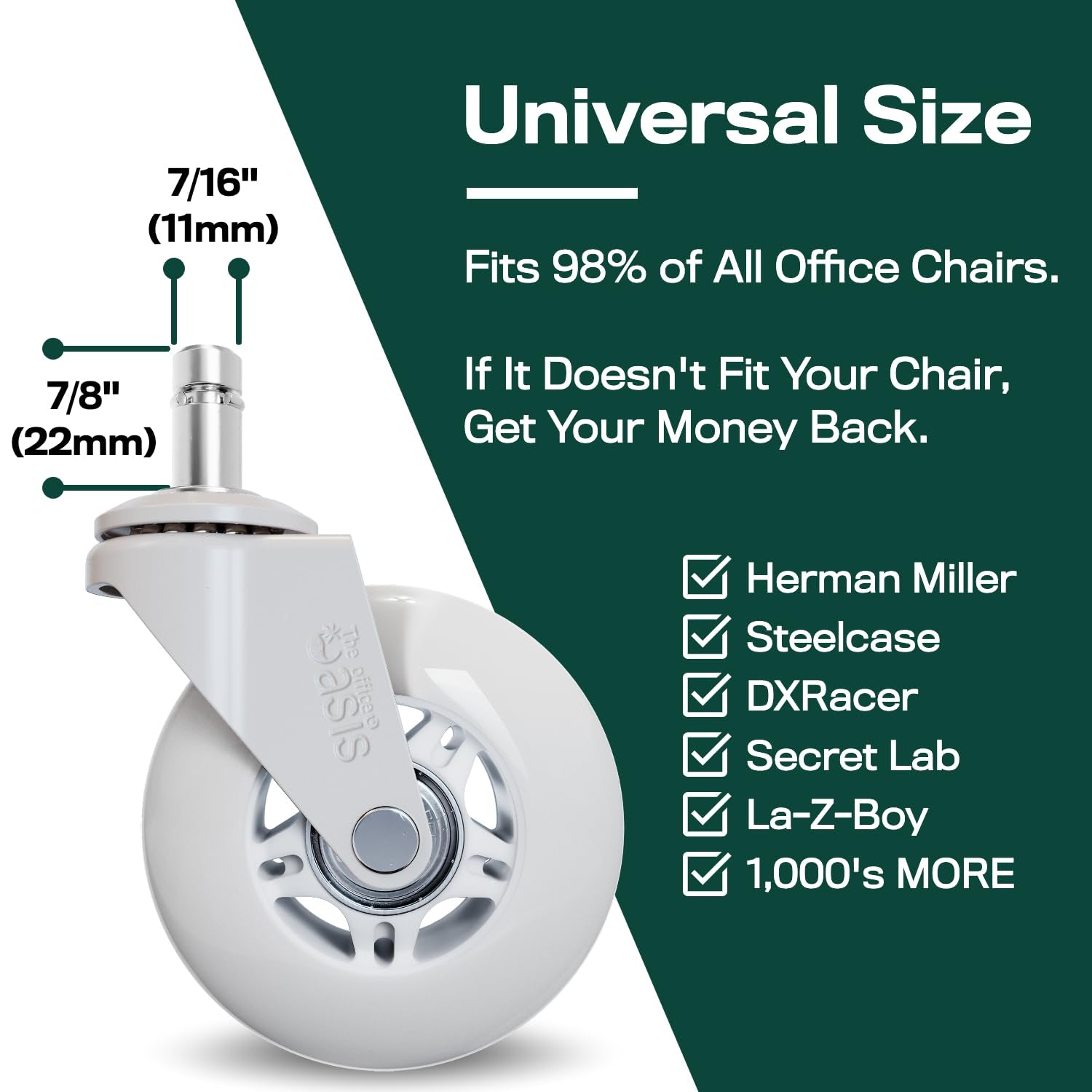 The Original Roller Blade Office Chair Wheels (As Seen on PBS) - Incredibly Smooth & Quiet Rolling Casters - Safe for Hardwood Floors & Carpet - Easy Installation with Universal Fit - Set of 5 - White-3