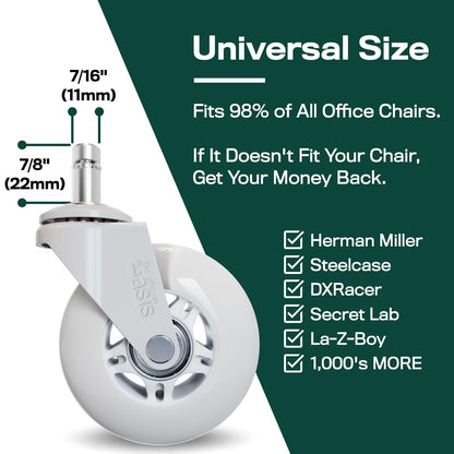 The Original Roller Blade Office Chair Wheels (As Seen on PBS) - Incredibly Smooth & Quiet Rolling Casters - Safe for Hardwood Floors & Carpet - Easy Installation with Universal Fit - Set of 5 - White-3