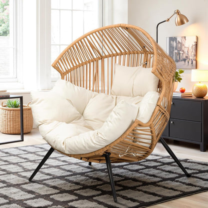 Wicker Egg Chair PE Rattan Chair with Cushion, Oversized Patio Lounge Chair for Outdoor, Indoor, Balcony, Backyard, Garden, Living Room, Beige-0