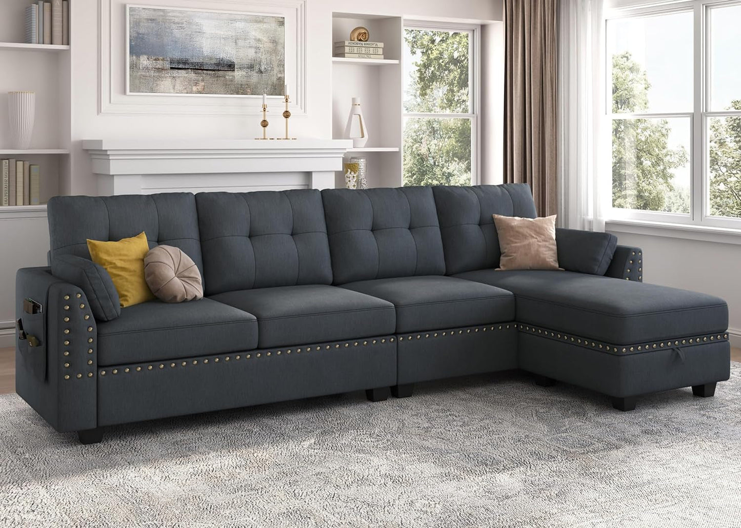 Bluish Grey Sectional Sofa L-Shaped, Convertible-0