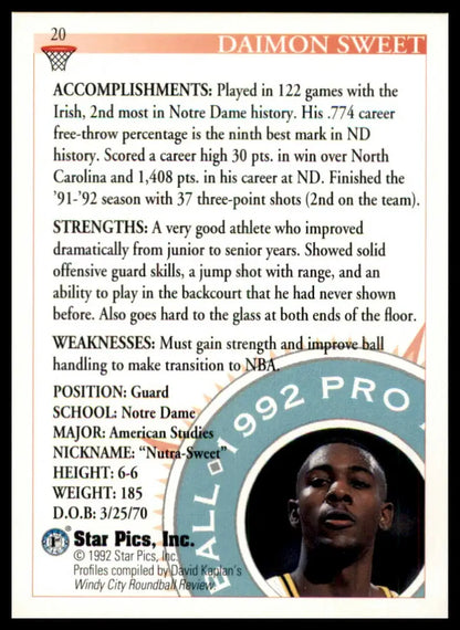 Daimon Sweet Star Pics basketball card from 1992 Notre Dame Fighting Irish collection