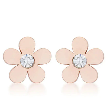 Daisy 0.3ct CZ Rose Gold Stainless Steel Flower Stud Earrings - Earrings