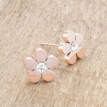 Daisy 0.3ct CZ Rose Gold Stainless Steel Flower Stud Earrings - Earrings
