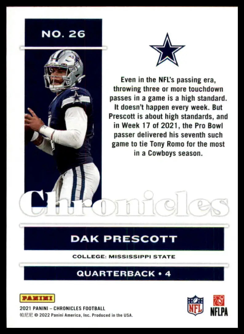 Dak Prescott football card from Panini Chronicles 2021 Dallas Cowboys collection