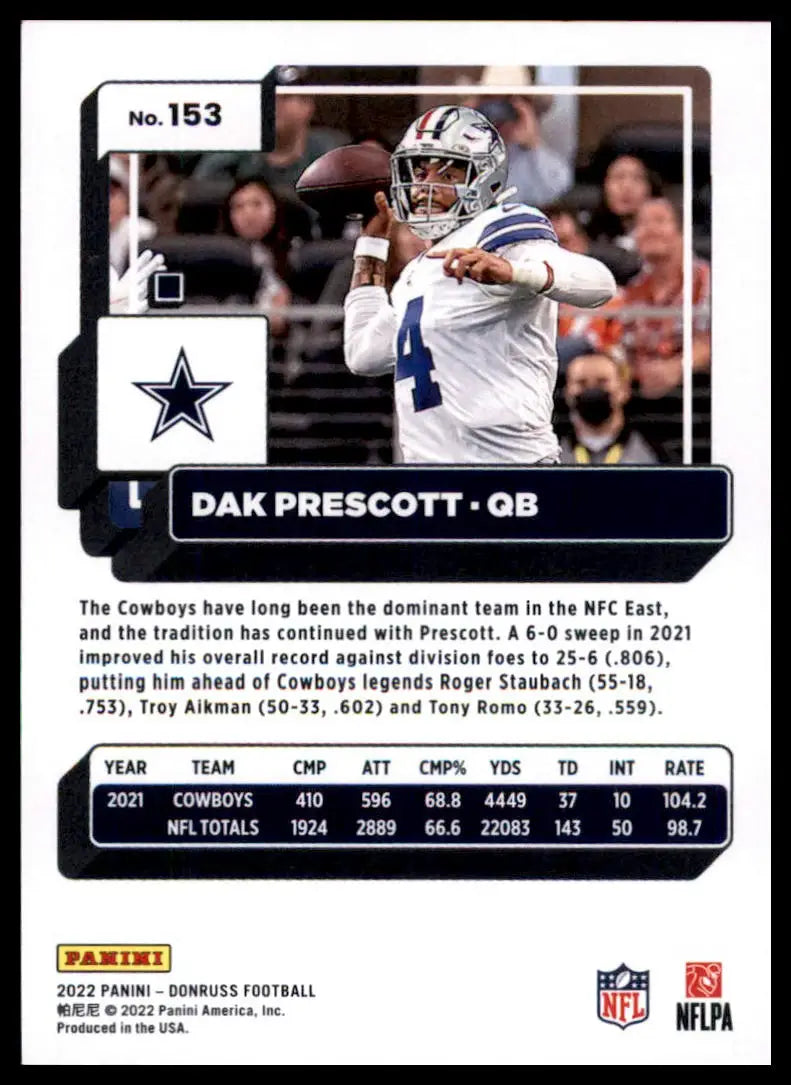 Dak Prescott football card from 2022 Donruss series featuring Dallas Cowboys player