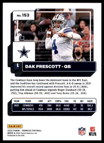 Dak Prescott football card from 2022 Donruss series featuring Dallas Cowboys player