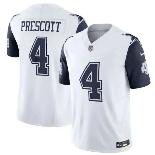 White Dallas Cowboys Nike Vapor F.U.S.E. jersey with navy blue sleeves and number 4