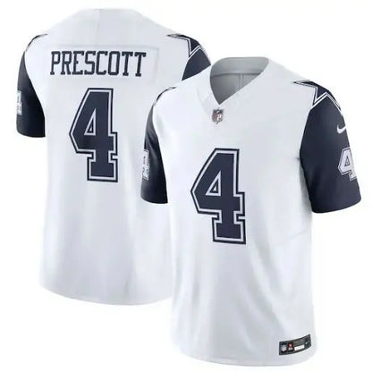 White Dallas Cowboys Nike Vapor F.U.S.E. jersey with navy blue sleeves and number 4