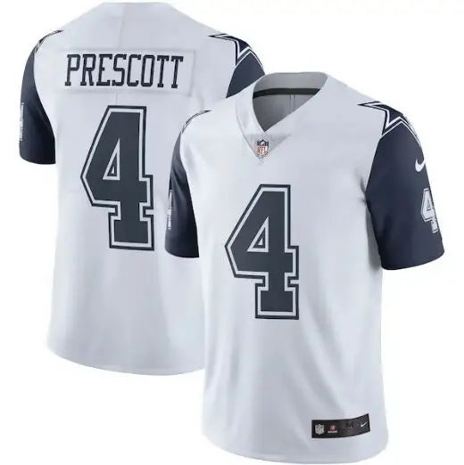 White Dallas Cowboys Dak Prescott #4 Nike Color Rush Vapor Limited Jersey with navy blue sleeves
