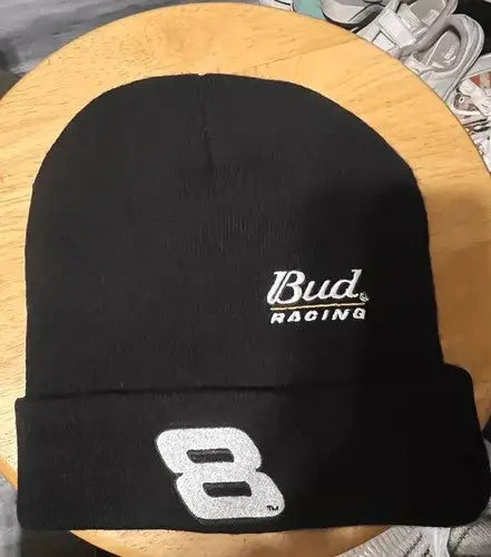 Black knitted Beanie with Bud Racing and number 8 embroidery, Dale Earnhardt Jr Beanie
