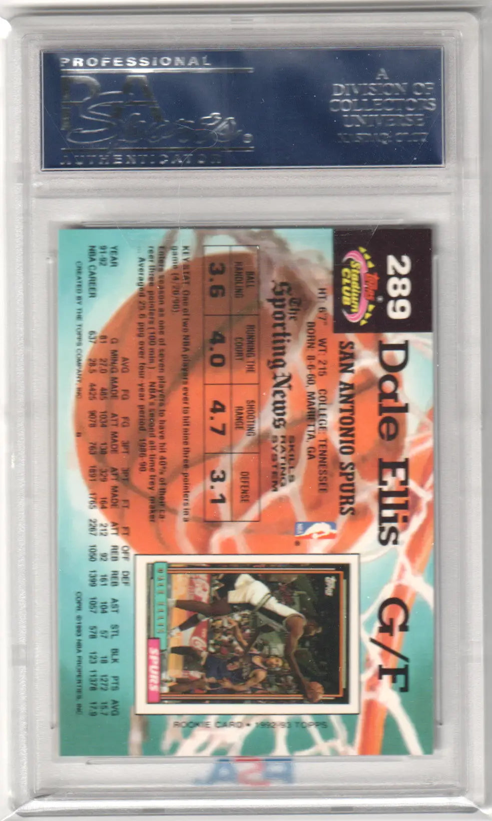 Graded Dale Ellis basketball card from Topps Stadium Club, Columbia Hobby PSA 10
