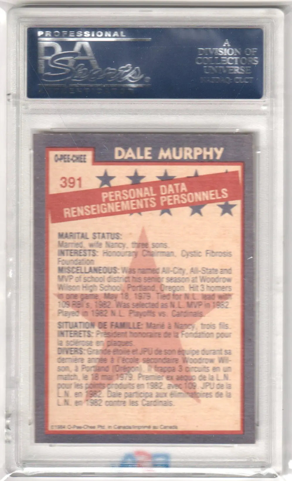 Graded Dale Murphy 1984 O-Pee-Chee baseball card PSA 9 Mint from Columbia Hobby