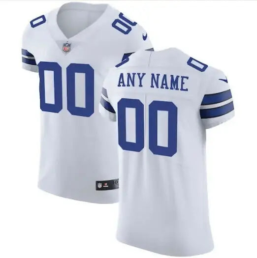 White Dallas Cowboys Nike Vapor Untouchable Custom Elite Jersey with blue numbers and customizable nameplate