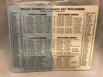 Vintage Dallas Cowboys October 9, 1983 vs Tampa Bay Buccaneers Line Up Card Texas Stadium