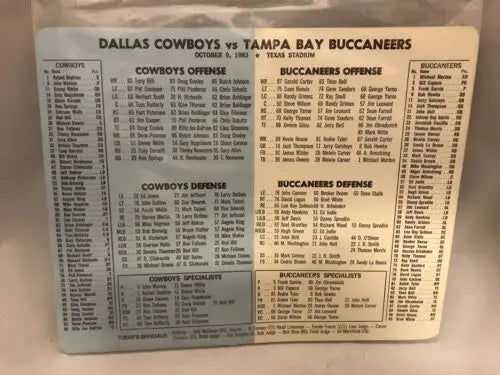 Vintage Dallas Cowboys October 9, 1983 vs Tampa Bay Buccaneers Line Up Card Texas Stadium