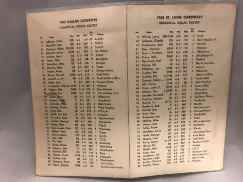 Vintage football roster booklet for Dallas Cowboys vs Louis Cardinals 1962 game