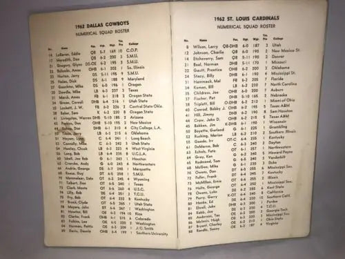 Vintage football roster booklet featuring Dallas Cowboys and St Louis Cardinals lineup
