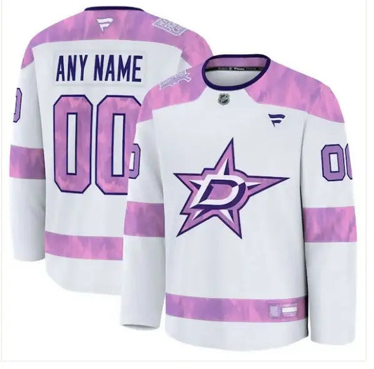 White and pink Dallas Stars Hockey Fights Cancer practice jersey for 2024