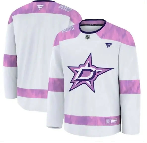 White Dallas Stars hockey jersey from the Dallas Stars 2024 Hockey Fights Cancer Practice Jersey collection