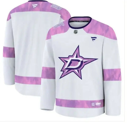 White Dallas Stars hockey jersey from the Dallas Stars 2024 Hockey Fights Cancer Practice Jersey collection