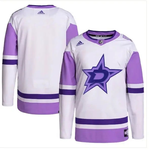 White and lavender Dallas Stars adidas Hockey Fights Cancer practice jersey for fans