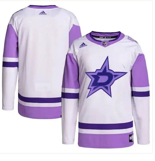 White and lavender Dallas Stars adidas Hockey Fights Cancer practice jersey for fans