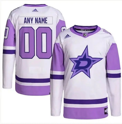 White and lavender Dallas Stars Hockey Fights Cancer Adidas Primegreen authentic jersey