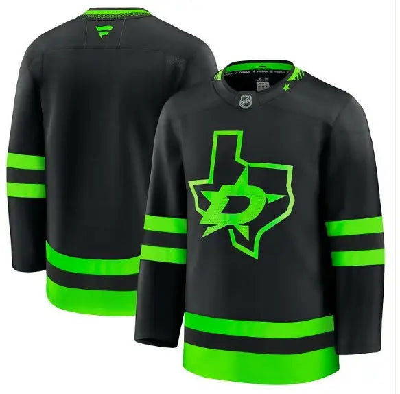 Black and green Dallas Stars hockey jersey displayed in Dallas Stars Away Premium Jersey - Black