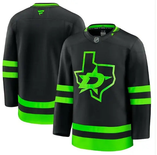 Black and green Dallas Stars hockey jersey displayed in Dallas Stars Away Premium Jersey - Black