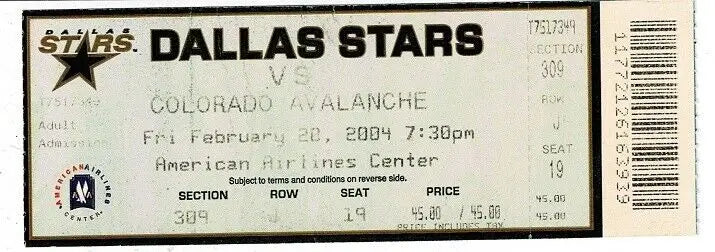 Dallas Stars Colorado Avalanche unused ticket from February 20, 2004