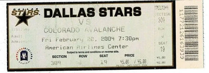 Dallas Stars Colorado Avalanche unused ticket from February 20, 2004