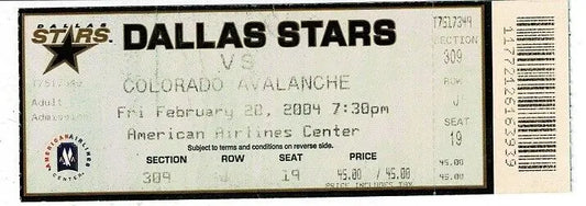 Dallas Stars Colorado Avalanche unused ticket from February 20, 2004