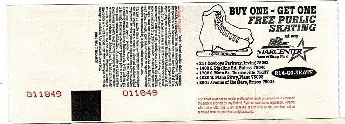 Ice skating ticket for Dallas Stars Colorado Avalanche game on Feb 20, 2004