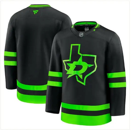 Black and green Dallas Stars home premium hockey jersey displayed for sale