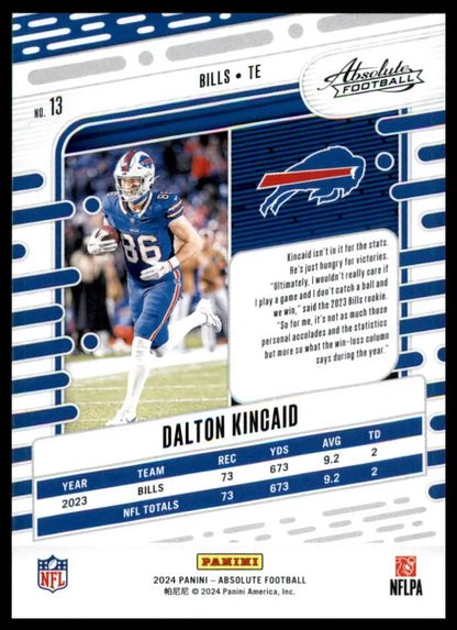 Dalton Kincaid football card from Panini Absolute 2024 Buffalo Bills product