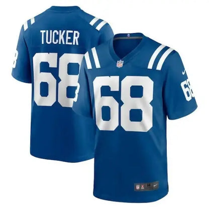 Blue Indianapolis Colts Nike Game Jersey with white 68 Tucker on the back