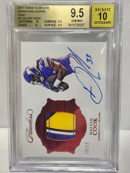 Graded Dalvin Cook Panini Flawless Signature Gloves Ruby football card with autograph and patch